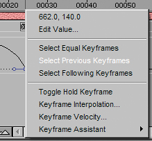 Three handy and easily missed options for selecting previous, following, and equal keyframes for a given property.