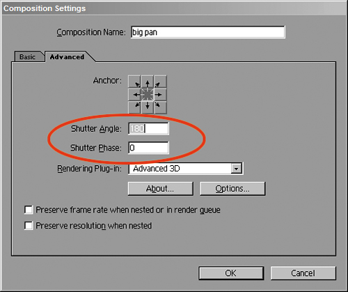 The Shutter Angle and Shutter Phase settings on the Advanced tab of the Composition Settings dialog control the appearance of motion blur.