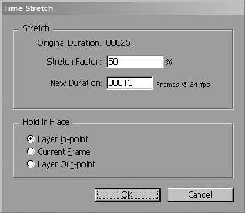 You can set an alternate Duration or Stretch Factor in the Time Stretch dialog. Here you can also specify the pivot point for the stretch by choosing whether the In point, Out point, or current time is held in place.
