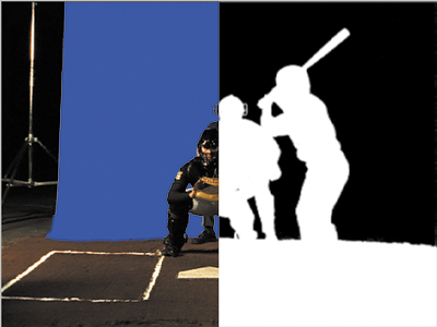 This split-screen image shows a blue-screen shoot (left) and the resulting matte. (All baseball images courtesy of Tim Fink Productions.)