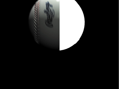 This close-up of a computer-generated baseball is split into color (left) and alpha channels.