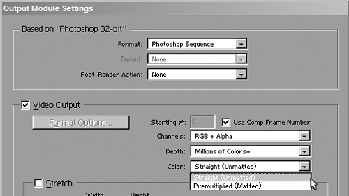 The cursor points at the Color selection, determining whether After Effects renders footage with straight or premultiplied alpha.