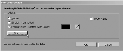 By default, the import preferences are set to ask the user how to interpret an alpha channel, which is a good thing, generally speaking, as a check against errors. If you're not sure about the appropriate setting, you can click on the Guess button, which typically can determine the type of channel. If it cannot guess confidently, it beeps.