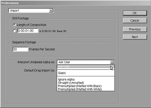 By default, the import preferences are set to ask the user how to interpret an alpha channel, which is a good thing, generally speaking, as a check against errors. If you're not sure about the appropriate setting, you can click on the Guess button, which typically can determine the type of channel. If it cannot guess confidently, it beeps.