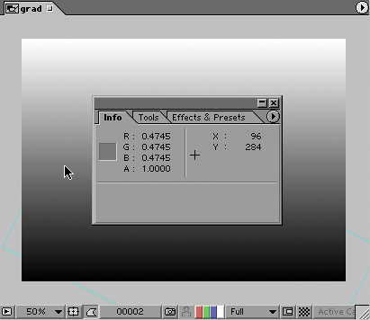 The Info palette can display pixel values in several different modes, including decimal values, shown here with the cursor over a medium gray. The values are normalized to a maximum luminance value of 1.0 and a minimum of 0.0, which make calculations more straightforward than 0 to 255, the standard 8-bit range. Select a color mode for the Info palette via its wing menu; whatever mode you select is thereafter also used by the Adobe color picker.