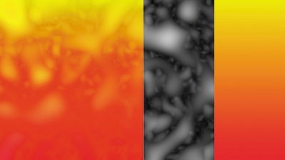 Overlay and its inverse, Hard Light, are useful for combining color and texture. Here, an instant lava lamp texture was created using the components shown at the right: a solid with Fractal Noise applied set to Overlay mode on top of a red-to-yellow gradient.