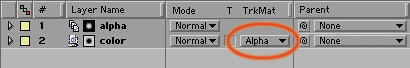 A basic alpha track matte setup: The alpha of layer 1 is set as the alpha of layer 2 via the highlighted pull-down menu. The small icons just to the left of the layer names help remind you that this relationship has been set up, and which is the color layer and which is the matte.