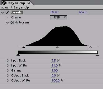 When you bring the triangle controls corresponding to Input Black and Input White in to bracket the histogram, the change in percentages can be seen numerically below.