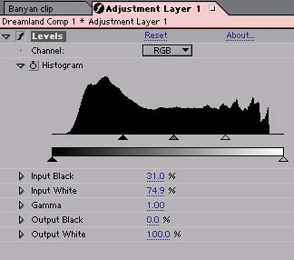 The same Levels adjustment, crushing the blacks and blowing out the highlights, can bring a rich dramatic quality to one clip, while totally ruining another. Note in the histogram how much more of the image is affected by this adjustment in the lower example, including most of the lower range and all of the highlight variation.