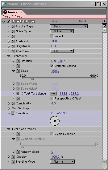 The highlighted controls are keyframed; these are the keys to putting your fog element in motion. Note that you can also add Scale and Rotation animations.