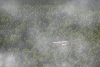 The smoke in this shot is made up of one large rendered fractal noise element that was sliced up, staggered, and animated in pseudo-3D using the technique featured at the end of Chapter 10, “Expressions.” This is a flyover, and there needs to be enough discrete overlapping elements for the smoke to hold its position but give convincing depth. (Final image courtesy of ABC-TV.)