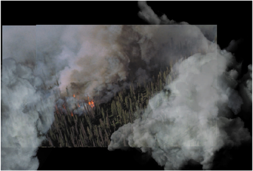 The elements from Figure 13.12 have been incorporated into this Photoshop matte painting, with the shot into which the smoke will be composited in the background for reference (the extended shot moves left to right). The cotton has been painted in via a dozen overlapping layers. The topmost use Screen mode (to highlight) or Overlay mode (to darken), bringing out the contours. Can you tell which smoke is made up of cotton?