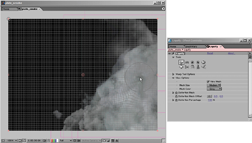 Liquify is also a mesh distortion tool, only the mesh is much finer than Mesh Warp's and it is not visible by default. You can choose to display it under View Options in the effect controls. Here the Warp tool is being used to create an effect much like that created by the Mesh Warp in the previous figure, but via a brush rather than a grid.