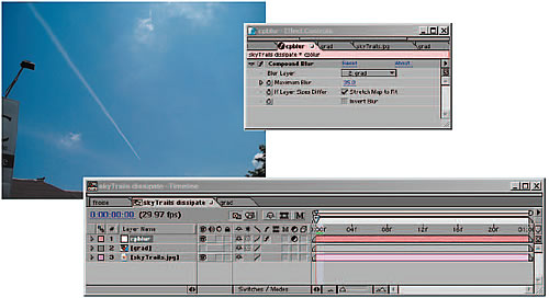 Getting creative with a quick-and-dirty effect on Figure 13.17: A gradient is created to match the start and end of the plane's trajectory, masked and pre-composed (13.18a). This is then applied via a Compound Blur to the source layer (13.18b)—a simple example of building up your own effect with the tools at hand.