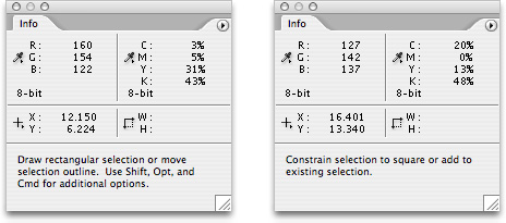 The bottom of the Info palette for the Marquee tool with no keys pressed (left) and with Shift key pressed (right)