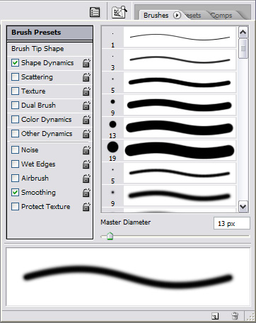 Clicking the Brushes palette tab in the palette well reveals the entire palette.