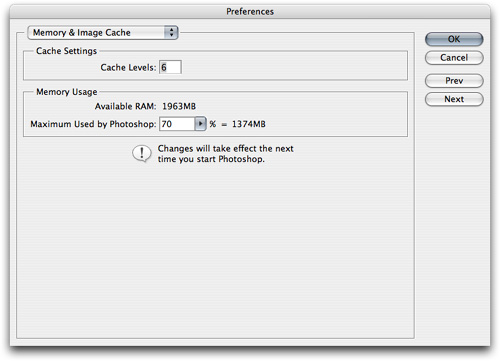 The Memory & Image Cache pane in the Preferences dialog box for Photoshop