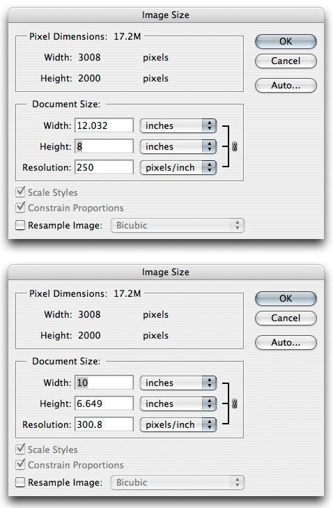 To determine the effective resolution of an image in the Image Size dialog box, disable the Resample Image checkbox and change Width and Height.