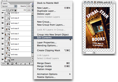 The Edit Contents command on the Layers palette menu (left) opens a smart object for editing. Here, the background image in the smart object was flipped (above). Saving this smart object updates all instances of that smart object in the document.