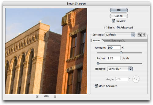The Smart Sharpen dialog box, including the tabs made available by clicking the Advanced button.