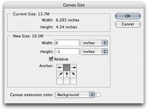 The Canvas Size dialog box set up to remove the bottom inch from the current image, by anchoring at the top edge and reducing the height.