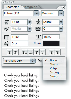 The anti-aliasing popup menu in the Character palette, and examples of each of these anti-alias settings.