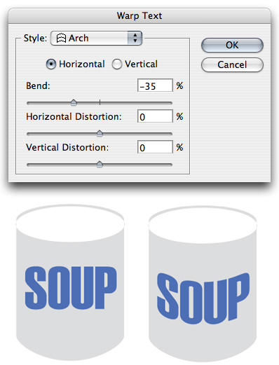 The Warp Text dialog box (top), and before and after applying the Arch warp (bottom).