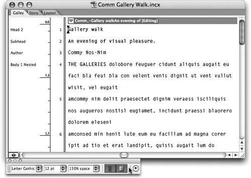 Toggle the visibility of line numbersline numbers and paragraph styles with the Galley & Story Appearance toolbar.