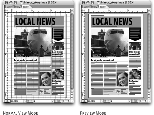 Normal mode includes a host of grids, guides, and so on, but documentspreviewinginterfacepreviewing documentsLayout viewpreviewing documents inPreview modePreview mode gives a pristine view of the layout at the final trim size.