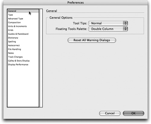 interfacecustomizingCustomize preferencesapplicationapplication settings in the preferencesPreferences dialog box, including the option to Reset All Warning Dialogs.