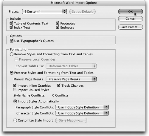 The Word Import dialog may seem overwhelming at first, but it is loaded with powerful options for turning your Word document into exactly the InCopy CS2 document you’d like.