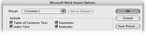 The Include section of the Word Import dialog lets you decide what parts of a Word document to import.