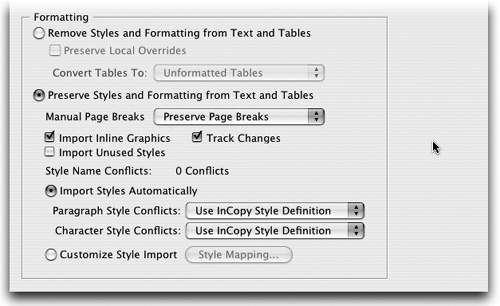 The Formatting section of the Word Import dialog is where you choose how InCopy handles Word styles.