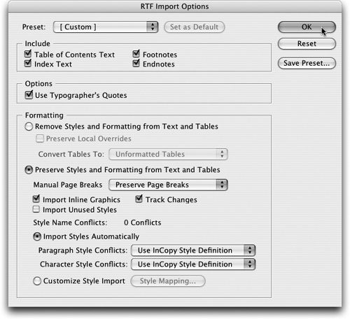 The RTF Import Options dialog has the same options as the Word Import dialog.