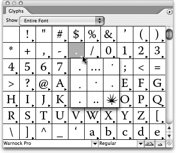 Use the glyph setsGlyphs palette to find and insert obscure characters and special typographical elements.