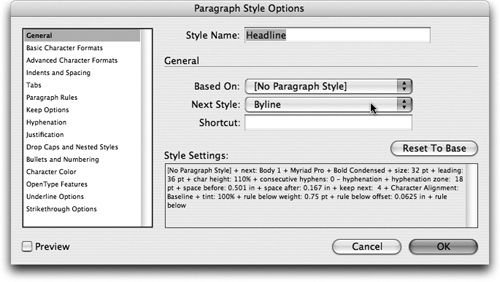 View character and Paragraph Style Options dialogparagraph Style Options dialogstyle options by double-clicking the style namesstyle name.