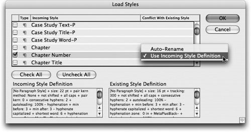 Select All Unused commandSelect namingstylesstyle conflictsstyles to load from one document into another.