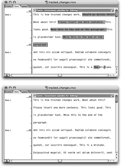 The same story with Track Changes toolbartracked showing/hidingchangeschanges visible (top) and hidden (bottom).