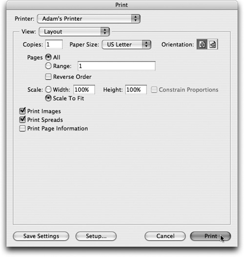 Print the Layout view to control the output of images, facing pages, and page scaling.