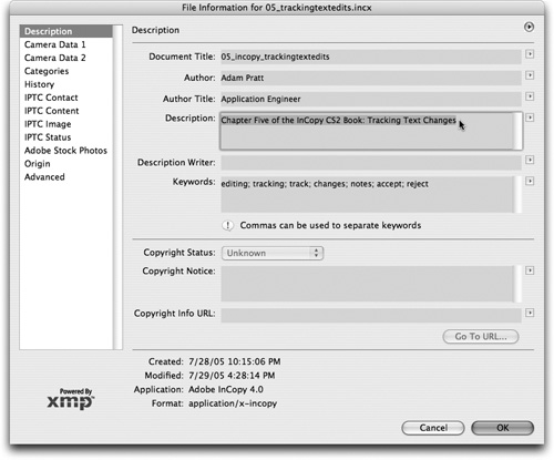 View metadata for placed files, including InCopy stories, in an InDesign layout by selecting the link in the Links palette and choosing Link File Info from the palette menu.