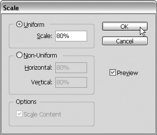 Scale images with the Position tool or the Object > Transform > Scale commandScale command.