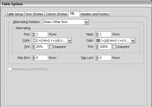 Use the Table Options dialogTable paletteTable Options dialogTable Options dialog to control row strokes, column strokes, alternating fills, and headers and footers.