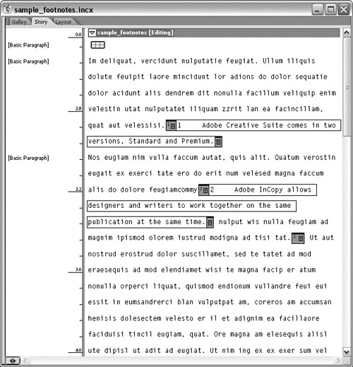 Footnotes are viewed and edited inline in Galley and Story view.