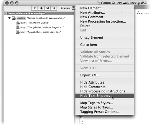 Toggle the option to Show Text Snippets commandShow or Hide Text Snippets commandHide text snippetsText snippetsSnippets to reveal or hide a short sample of tagged text in the Structure paneStructure pane.