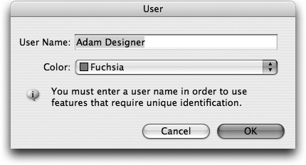 InDesign users should enter a unique user name and select an indicator color in the User dialogUser dialog.