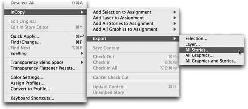 There are several different ways to storiesexporting from InDesignexport InCopy stories exportingfrom InDesignfrom an InDesign document, which you’ll find in the Edit > InCopy > Export submenu after you’ve installed the LiveEdit Plug-ins.