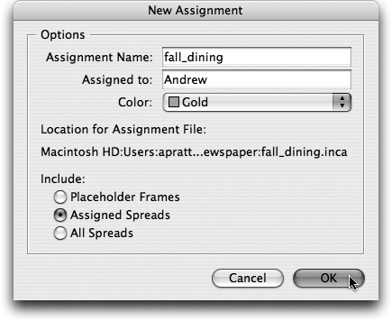 The New Assignment dialogNew Assignments paletteAssignment dialog in InDesign lets the designer control several important parameters.