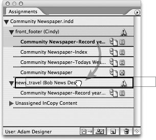 InDesign users can reassign a story in the Assignments palette by dragging it from one assignment to another.