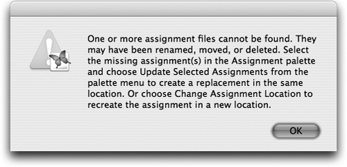 If an InCopy assignment has been moved, renamed, or deleted, InDesign warns the user that it can’t find the expected files.