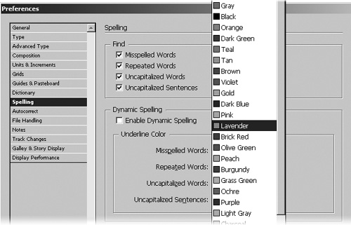 The dynamic spelling preferencesspelling preferences, which make up the bottom half of the Spelling Preferences dialog, include the ability to choose a unique color for underlining different types of spelling errors.